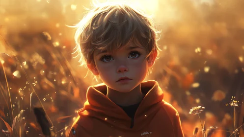 Young child in orange hoodie amid sunlit field at dusk.