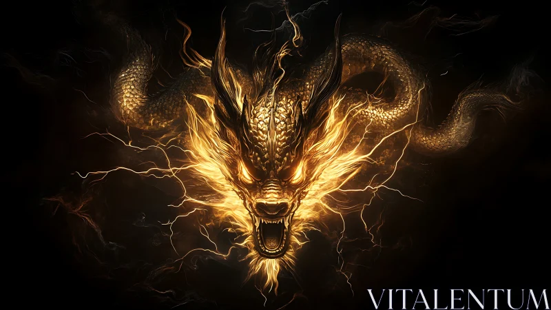 Fiery golden dragon head emerging from dark background.