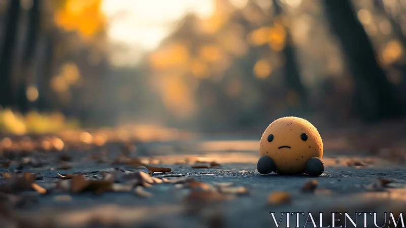 Small yellow toy on autumn pathway in soft background blur.