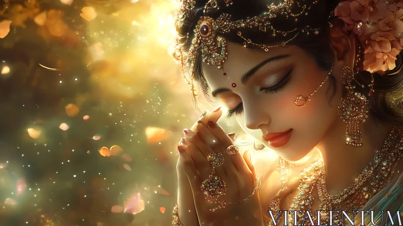 Golden-lit goddess in jeweled serenity and drifting petals.