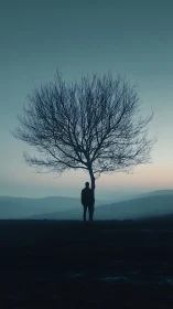Silhouetted person stands under bare tree at dusk on hillside