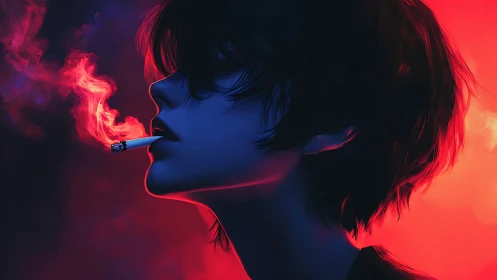 Neon-lit side profile portrait in moody digital chiaroscuro.