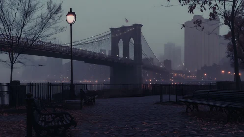 Foggy Brooklyn Bridge at dawn with riverside promenade benches