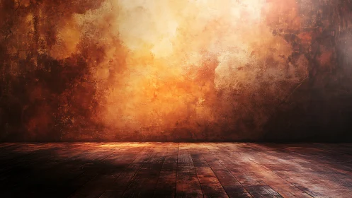 Textured grunge wall and worn wood floor under warm directional light
