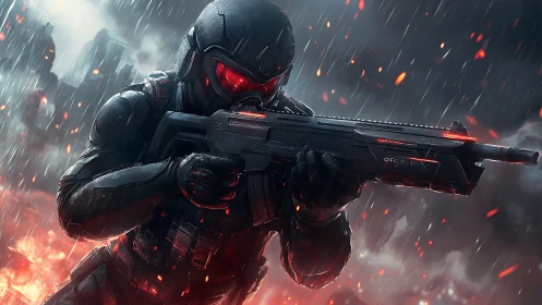 Armored cyber-soldier advancing through incendiary rain