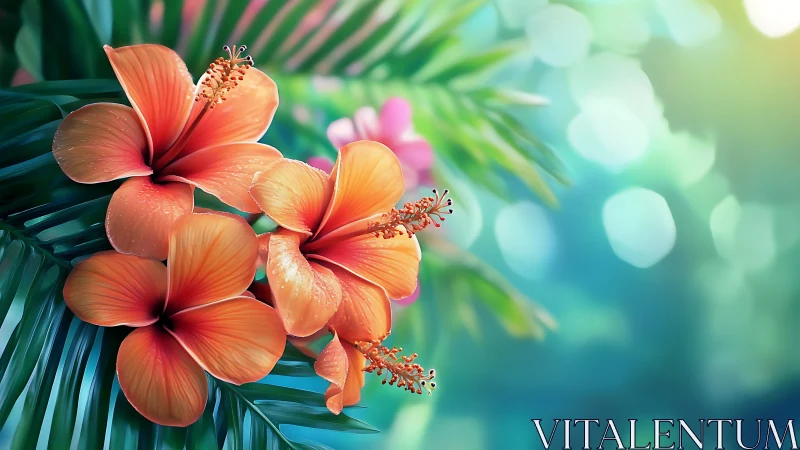 Coral hibiscus blooms with prominent stamens against tropical foliage.