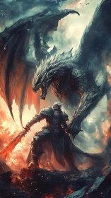Armored knight confronts colossal dragon amid raging firestorm