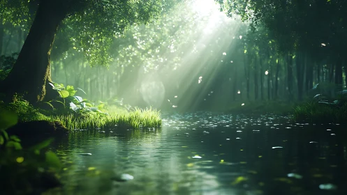 Verdant Forest Stream in Dappled Sunlight.