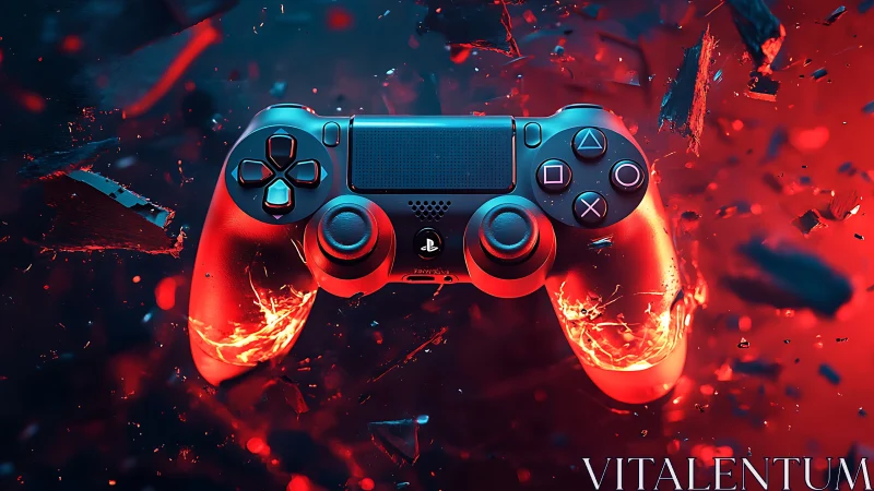 Neon PlayStation Controller Engulfed in Fiery Digital Particles