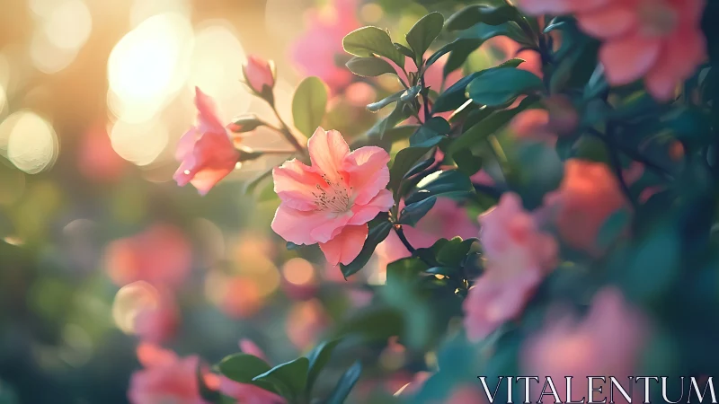 Pink flowering shrub with selective focus and bokeh rendering.