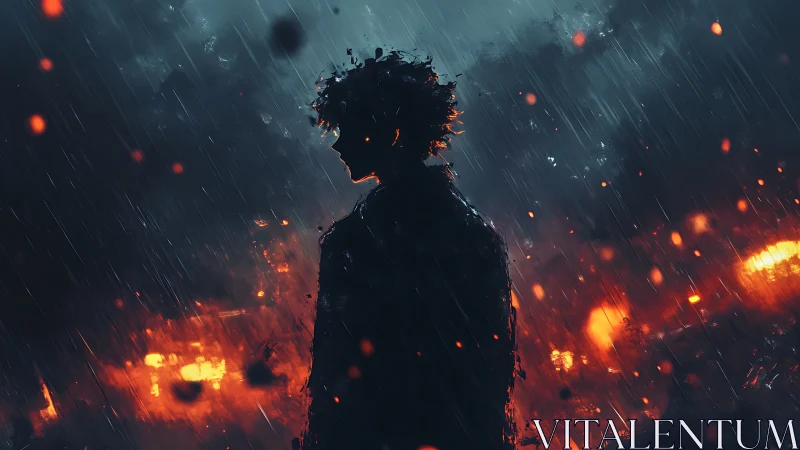 Silhouetted figure in rain against distant burning city.