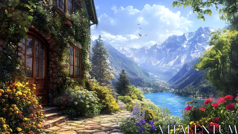 Sunlit mountain cottage overlooks a tranquil alpine lake