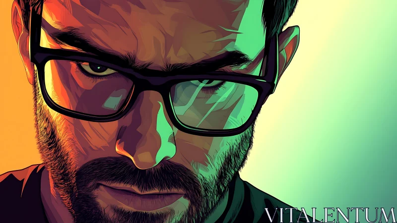 Stylized male portrait with glasses and intense gaze.