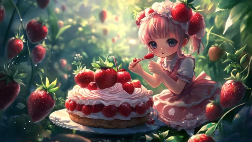 Strawberry fairy decorates cream cake in glowing garden