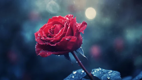 Crimson Rose at Nightfall: Luminous Petals with Dew-Kissed Luminescence.