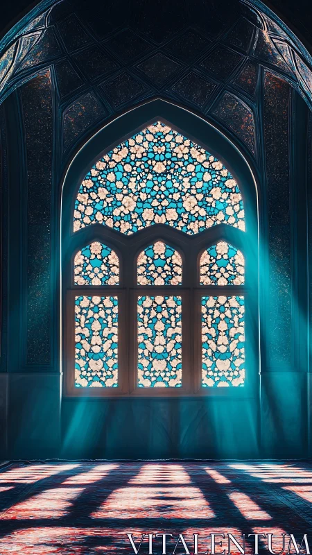 Sunlit stained glass arch in ornate interior space.