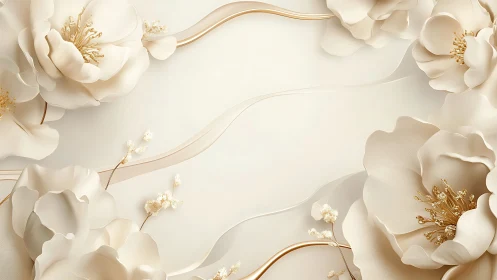 Cream Flowers with Gold Stamens on Beige Background.