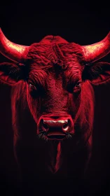 Digital painting of a crimson bull in dramatic frontal symmetry.