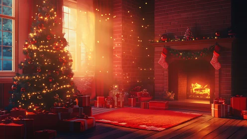 Glowing Christmas tree beside warmly lit fireplace interior.
