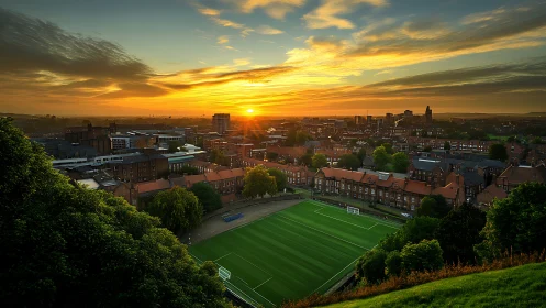Sunset over urban football pitch with layered atmospheric perspective