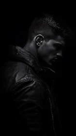 Side profile of man in leather jacket on dark background.