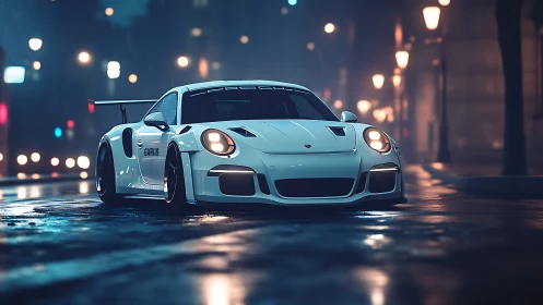 White race car prowls a rainy neon city street at night