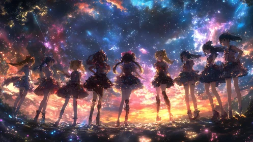 Anime idol group beneath luminous cosmic sunset sky.