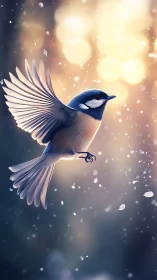 Blue Jay in Flight with Crystalline Light Particles.