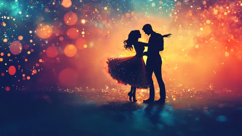 Silhouetted Couple Dancing Against Golden Particle Light.