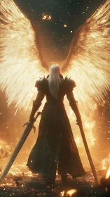 Winged warrior in molten light with twin swords ignited.