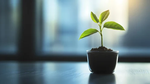 Young potted plant stands on indoor surface near window
