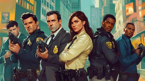 Cinematic law enforcement ensemble in urban tableau composition.