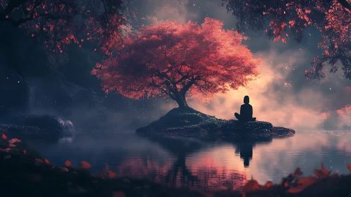 Solitary figure meditates beside luminous red tree at dusk