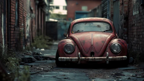Rusty red vintage car sits abandoned in narrow alleyway