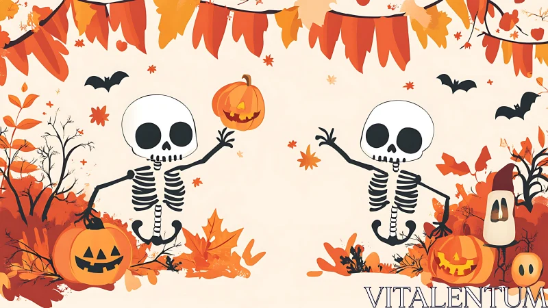 Playful skeleton duo dancing through cozy autumn Halloween.