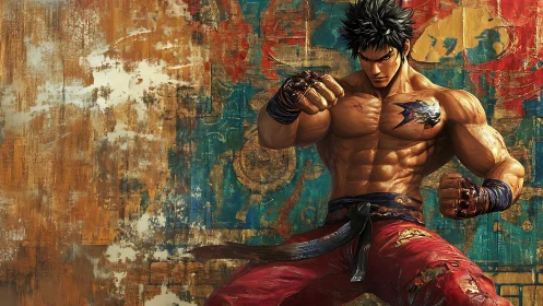Martial artist prepares punch before distressed wall mural