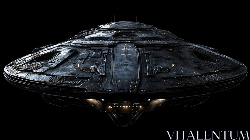 Angular dark spacecraft viewed frontally against black field.