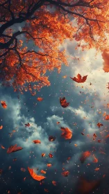 Falling autumn leaves dance gently beneath glowing storm clouds