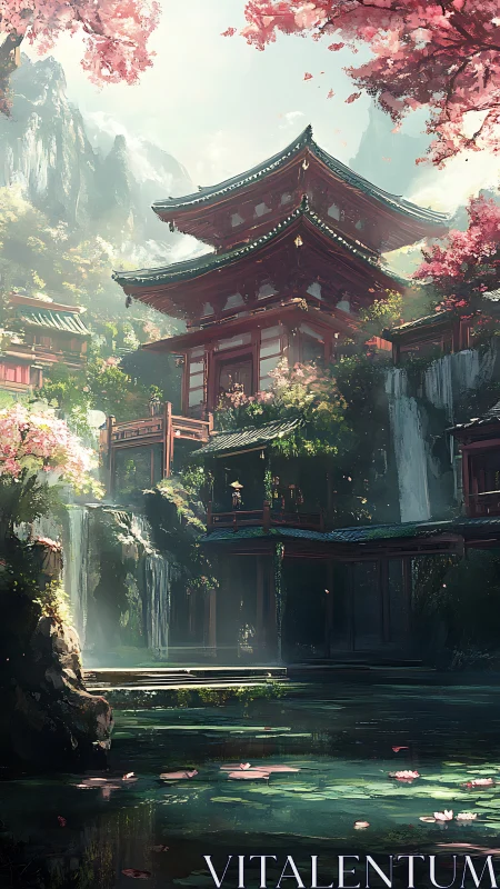 Mountain temple rises over tranquil koi pond and waterfalls.