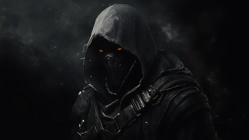 Hooded tactical wraith with respirator mask in voided chiaroscuro.
