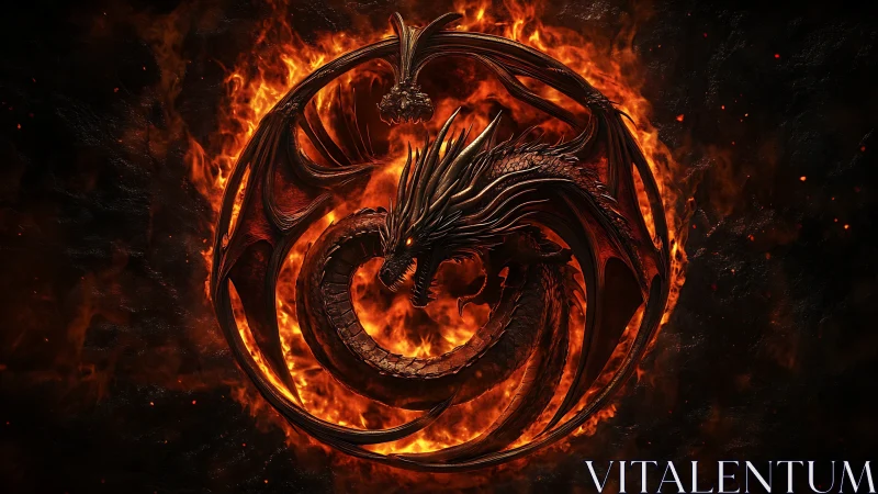Fiery dragon emblem coils within blazing circular frame.
