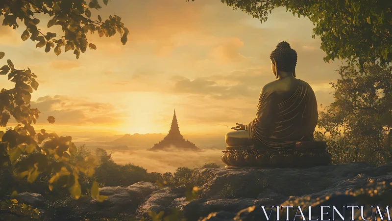 Golden Buddha contemplates a serene sunrise above temples.