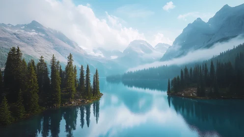 Glacial alpine lake with mirrored conifers and stratified fog bands.