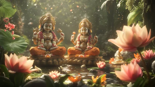 Twin river gods meditate amid glowing lotus sanctuary.