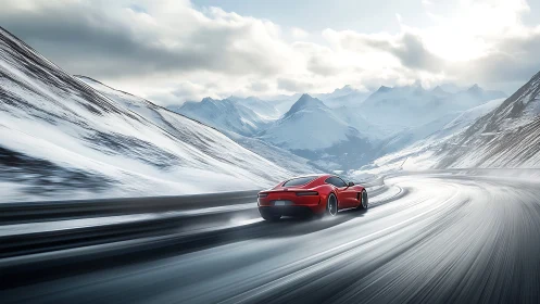 Red sports car cuts through a sweeping frozen mountain highway