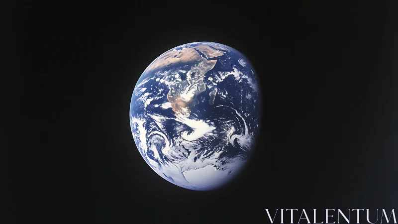 Planet Earth floats in deep space with vivid swirling clouds.