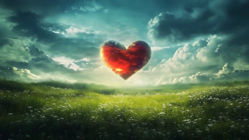 Luminous Heart Ascending Over Pastoral Meadow.