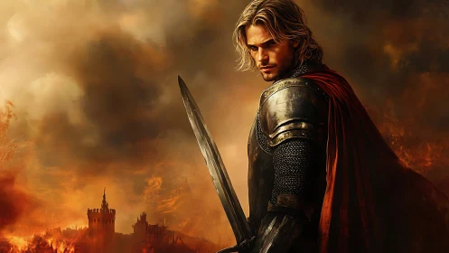 Armored knight with sword overlooking burning medieval citadel.