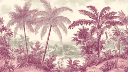 Monochrome tropical palms in detailed botanical landscape.