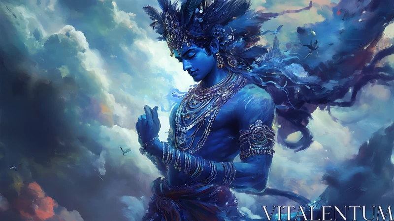 Blue celestial deity emerges from swirling iridescent clouds